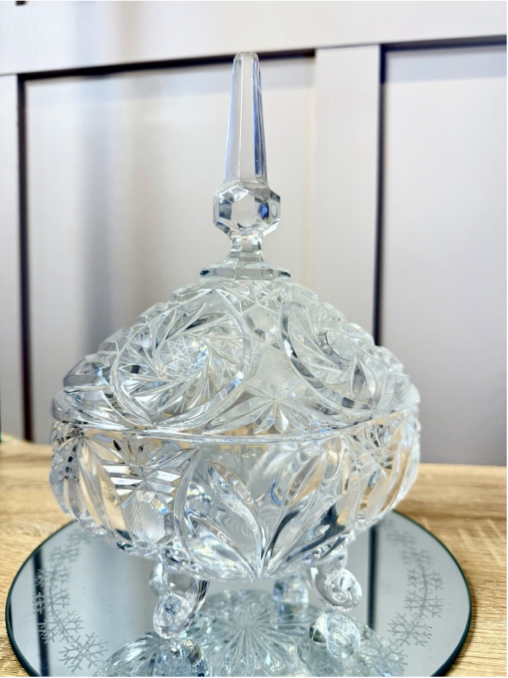Crystal Pinwheel Footed Candy Bowl Trinket Dish Triangular w/ Lid Vintage 10.75”